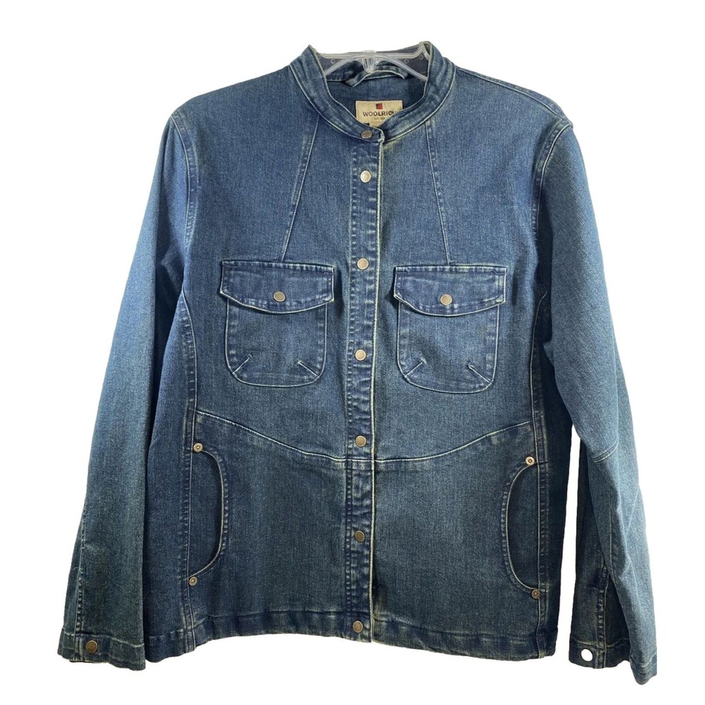 Woolrich Women’s Denim Jacket Stretch Long Sleeve Pockets Snap Up Dark Blue Sz M